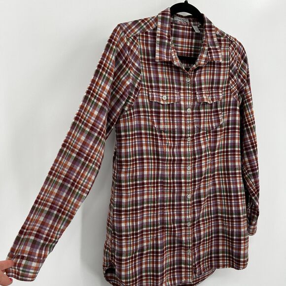 TOAD&CO. Purple Green Organic Cotton Plaid Flannel Button Up Tunic Shirt Small - Picture 5 of 8